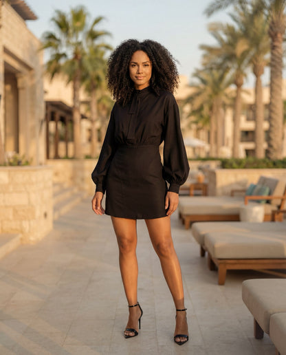 High-Neck Dress with Sash